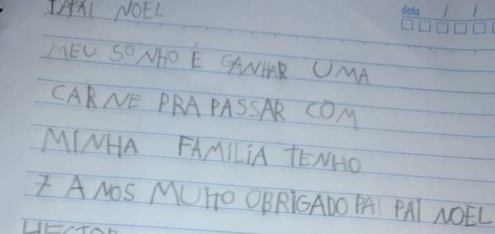 Criança escreve carta para o Papai Noel pedindo carne