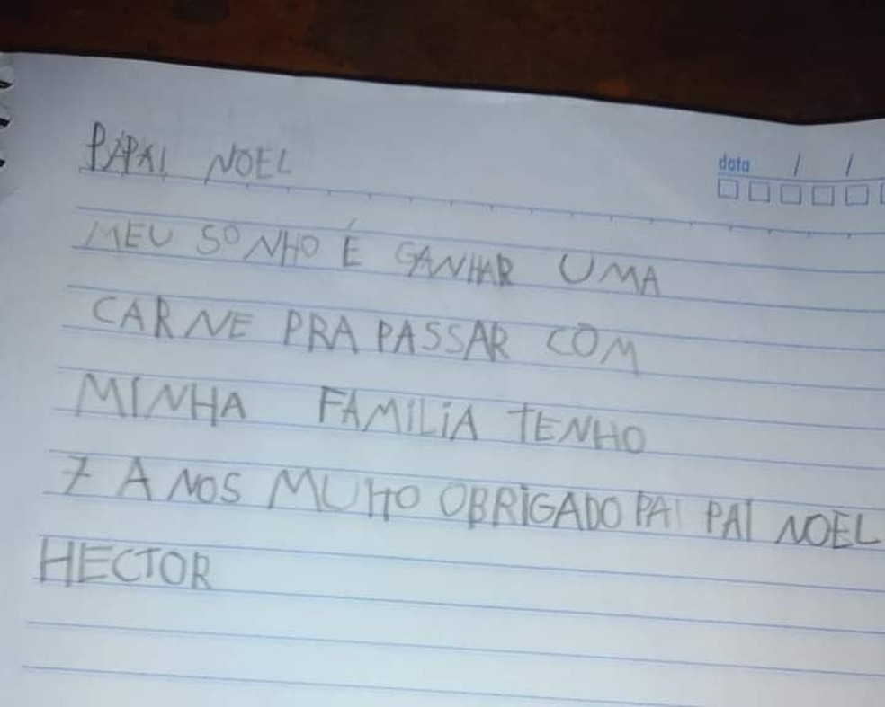 Criança escreve carta para o Papai Noel pedindo carne